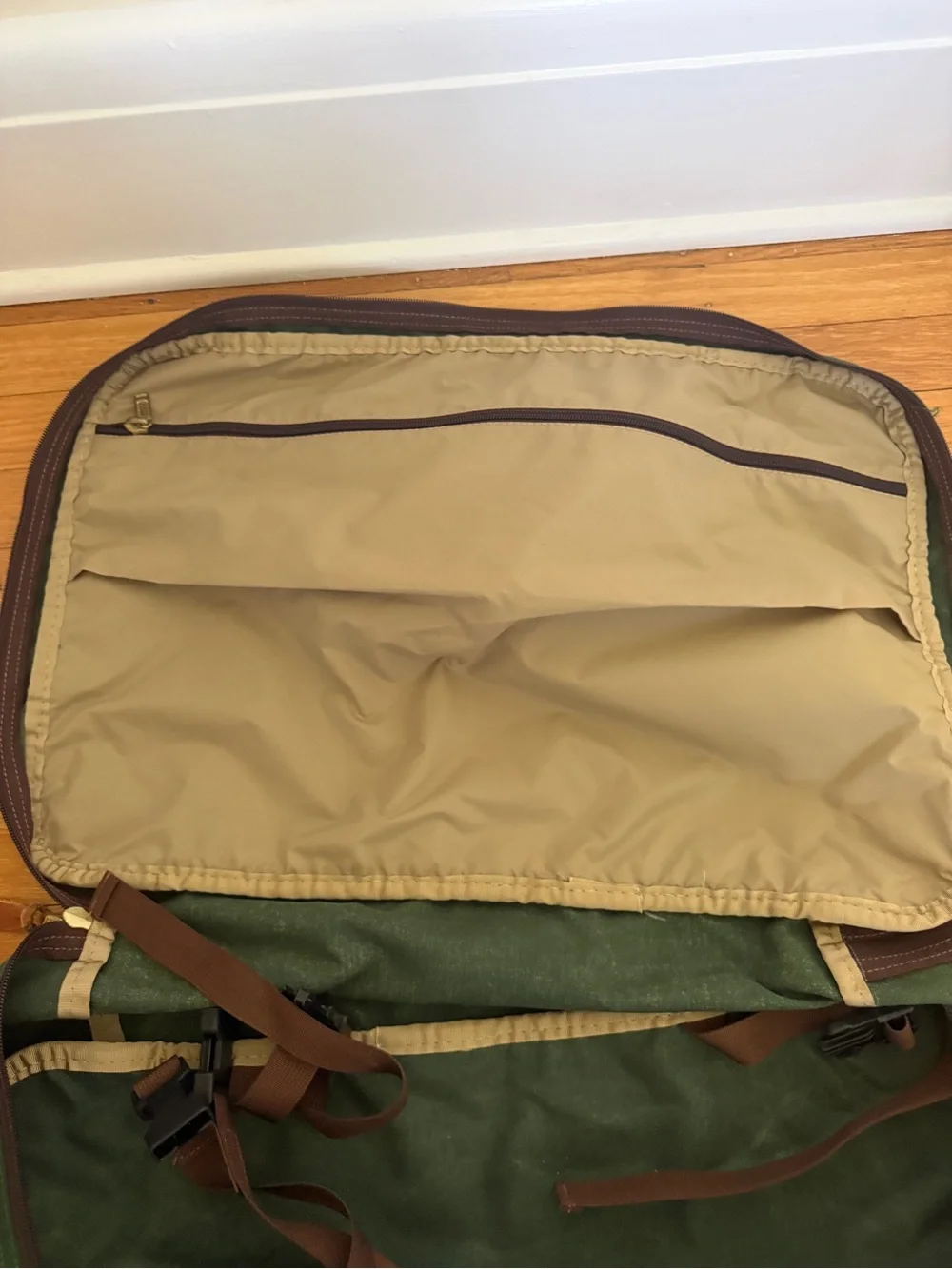 L.L. Bean Forest Green Suitcase with Brown Leather Accents